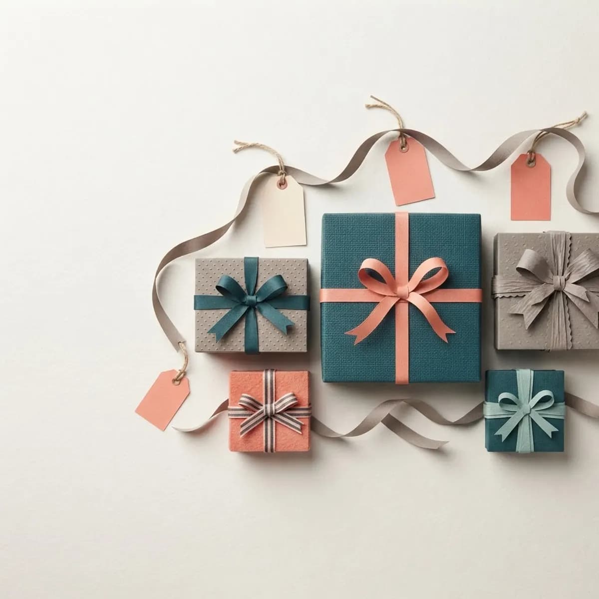 Verpackte Geschenke mit Anhängern, verbunden durch ein Band